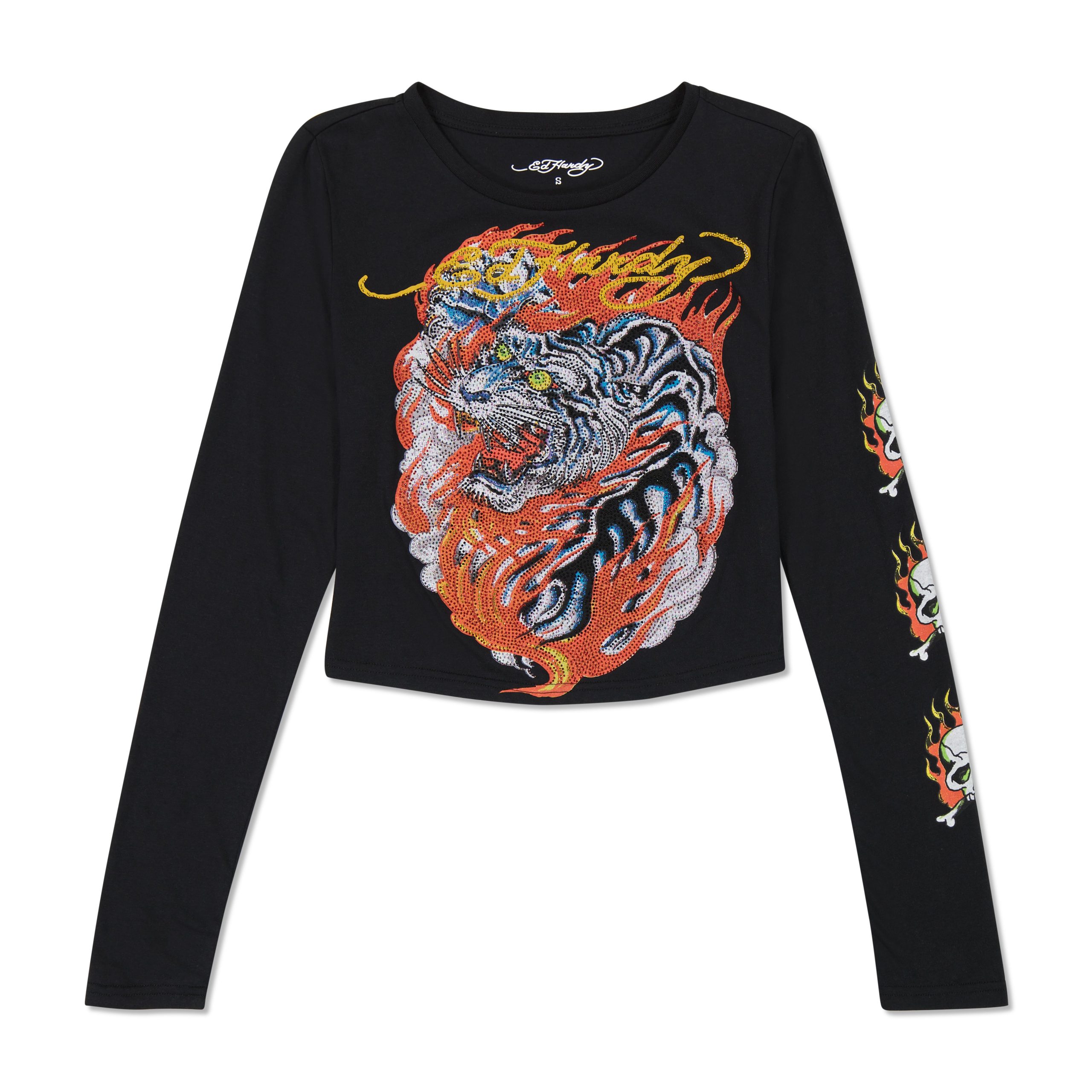 Rhinestone Flaming Tiger Long Sleeve Baby Tee